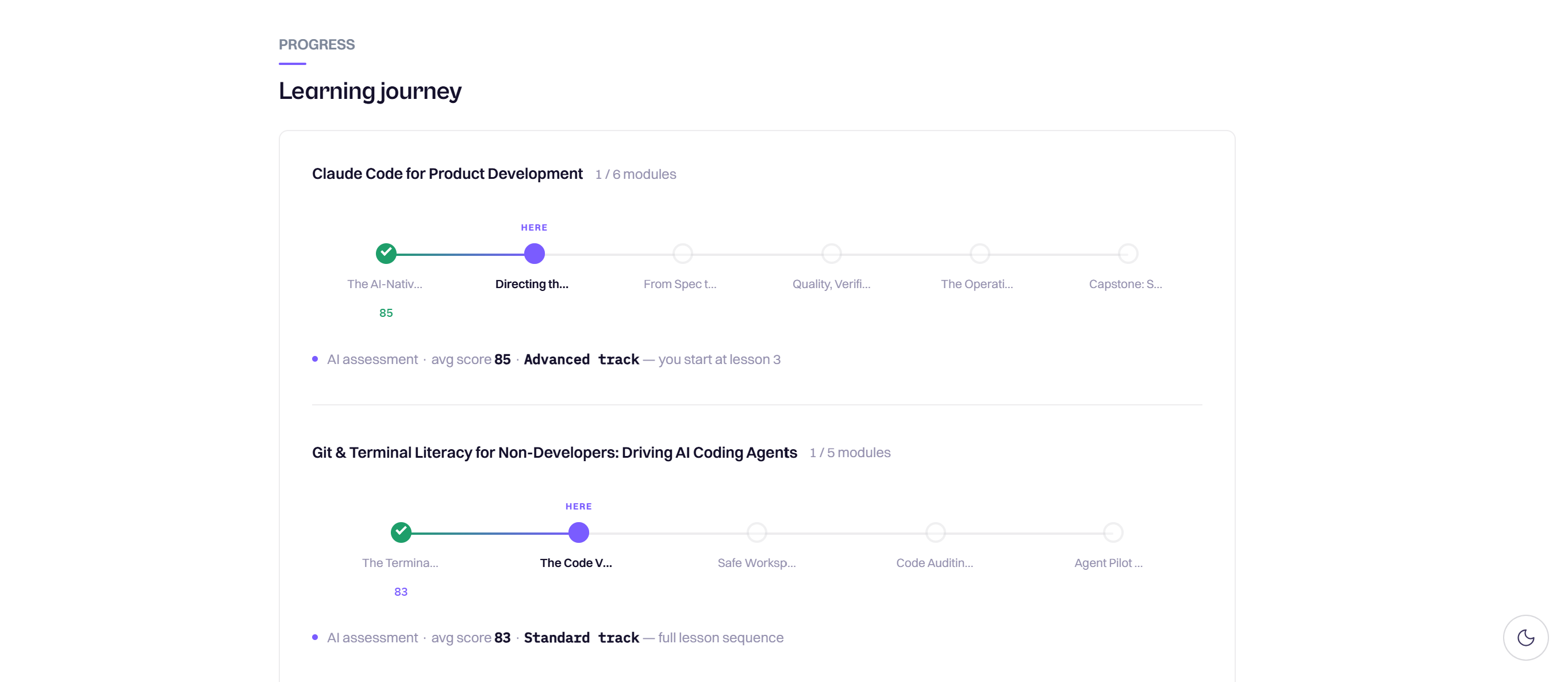 CompassStu learning journey: two course module chains with score badges — avg 85 routed to the Advanced track starting at lesson 3, avg 83 routed to the Standard track with the full sequence
