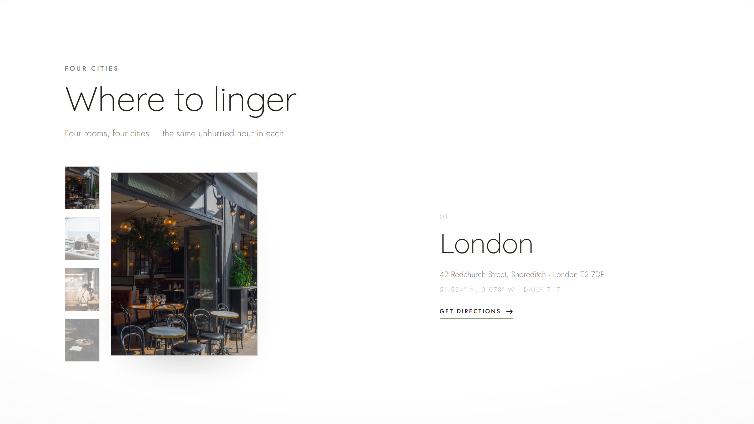 Linger — Where to linger: the four-city atlas showing a London café exterior with thumbnails for Barcelona, Hong Kong and Singapore