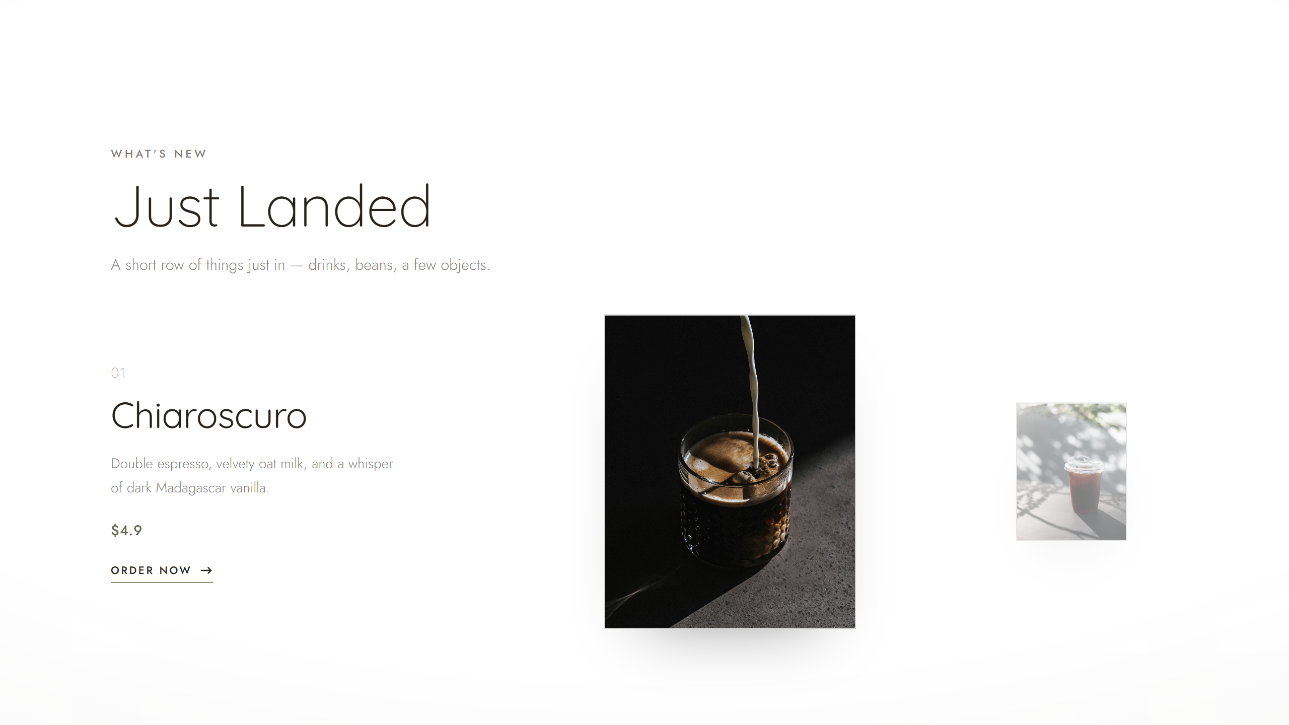 Linger — Just Landed: a two-product editorial swap, the active drink centred and the other a desaturated thumbnail