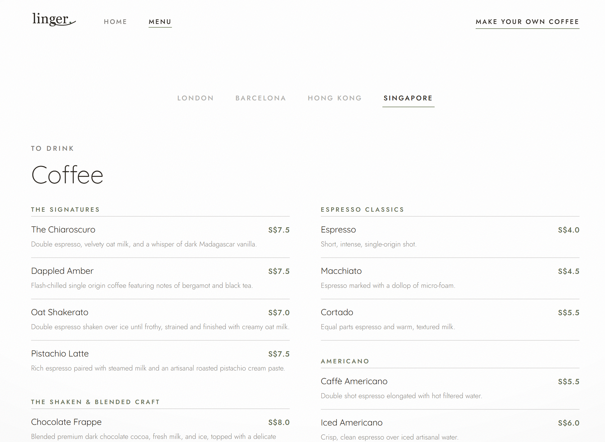 Linger — the menu page: one broadsheet with a London / Barcelona / Hong Kong / Singapore selector above a two-column drinks list